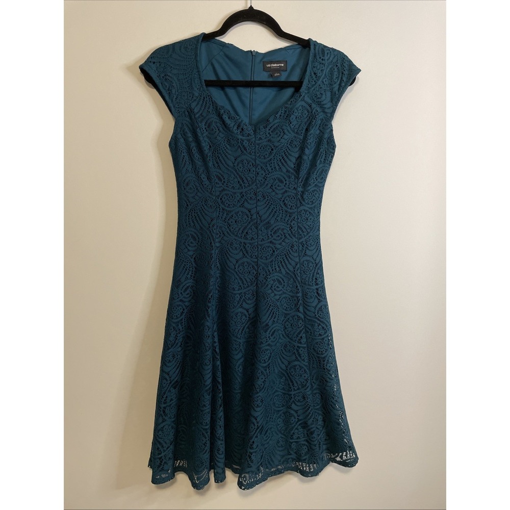 Liz Claiborne 4 Teal Lace Fit Flare Career Dress Cap Sleeve V Neck